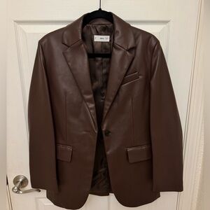 Mango Faux Leather Oversized Blazer in Chocolate Brown